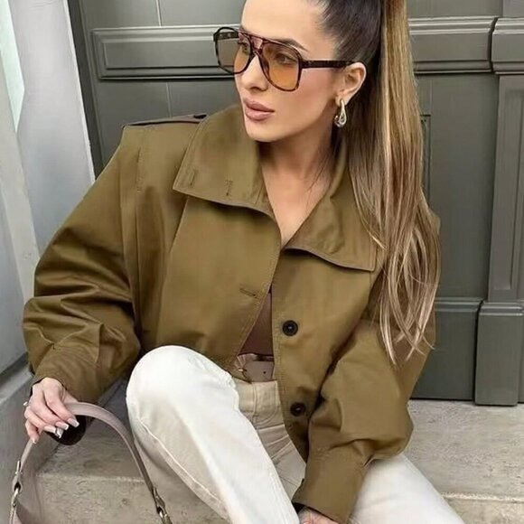 Casual Women's Pleated Jacket Long Sleeve Cropped Coat Trench Jackets Stre - Picture 10 of 11